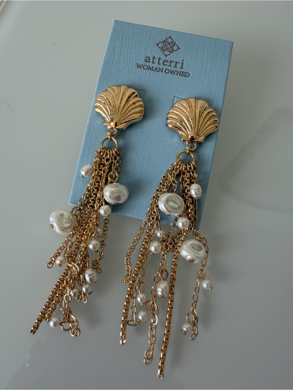 Atterri Gold Shell Pearl Tassel Drop Earrings